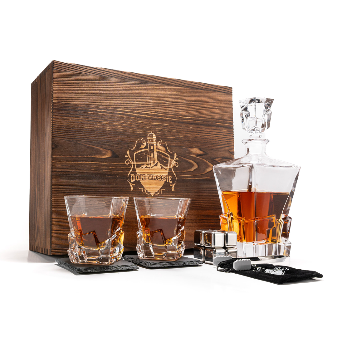 DON VASSIE  LUXURY  WHISKY DECANTER & STONES(CUBES) GIFT SET-WOODEN BOX