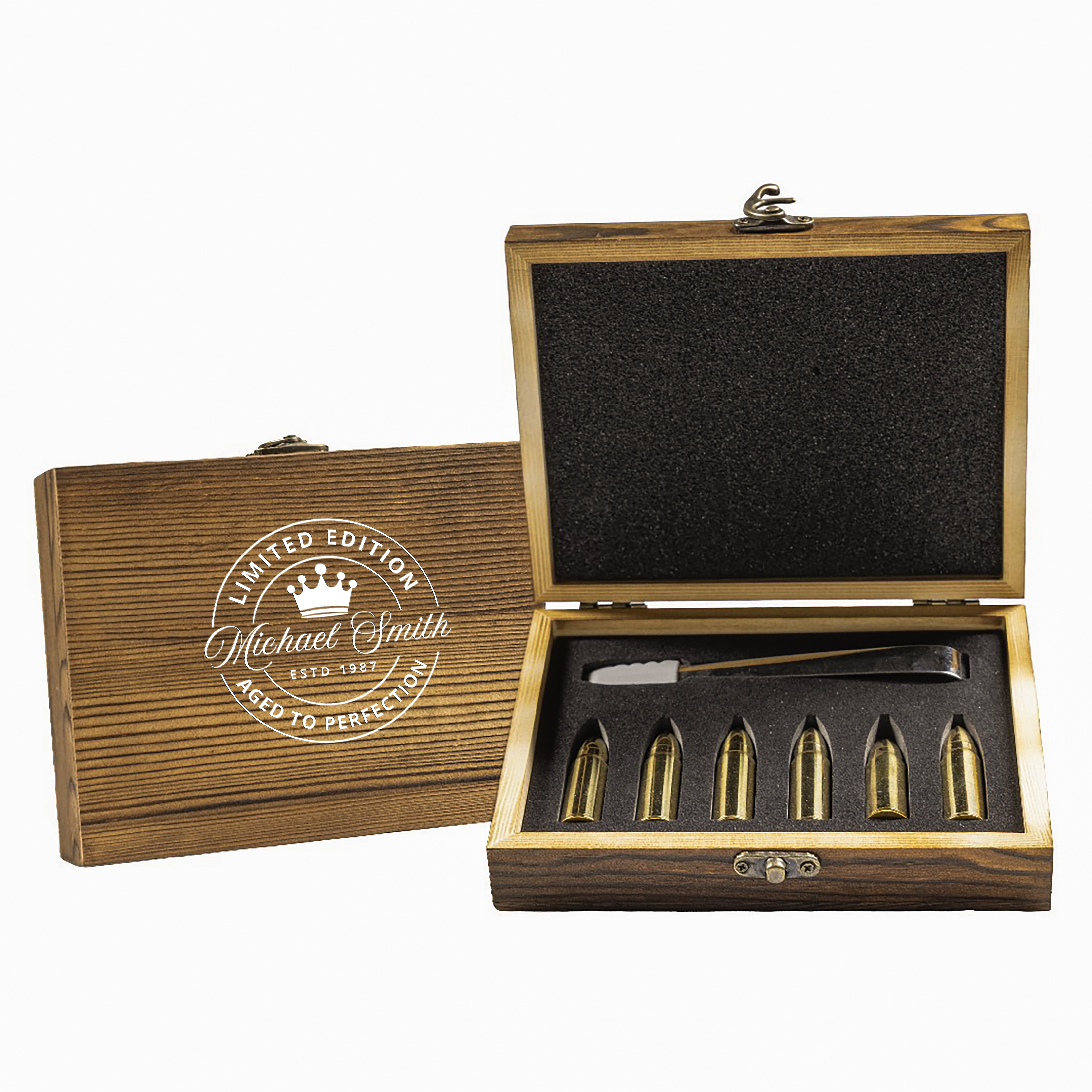 Custom Engraved XL Gold Whisky Bullet Chillers 6 Pieces with Tong and a Luxury Wooden Box