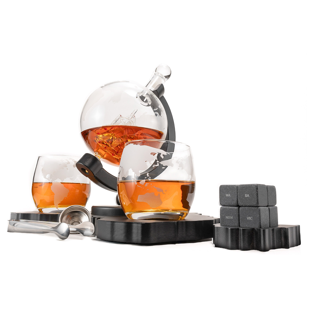 Don Vassie's Limited Edition Whiskey Globe Decanter Set Australia Map- Exclusive Decanter and Whisky Set in Australia