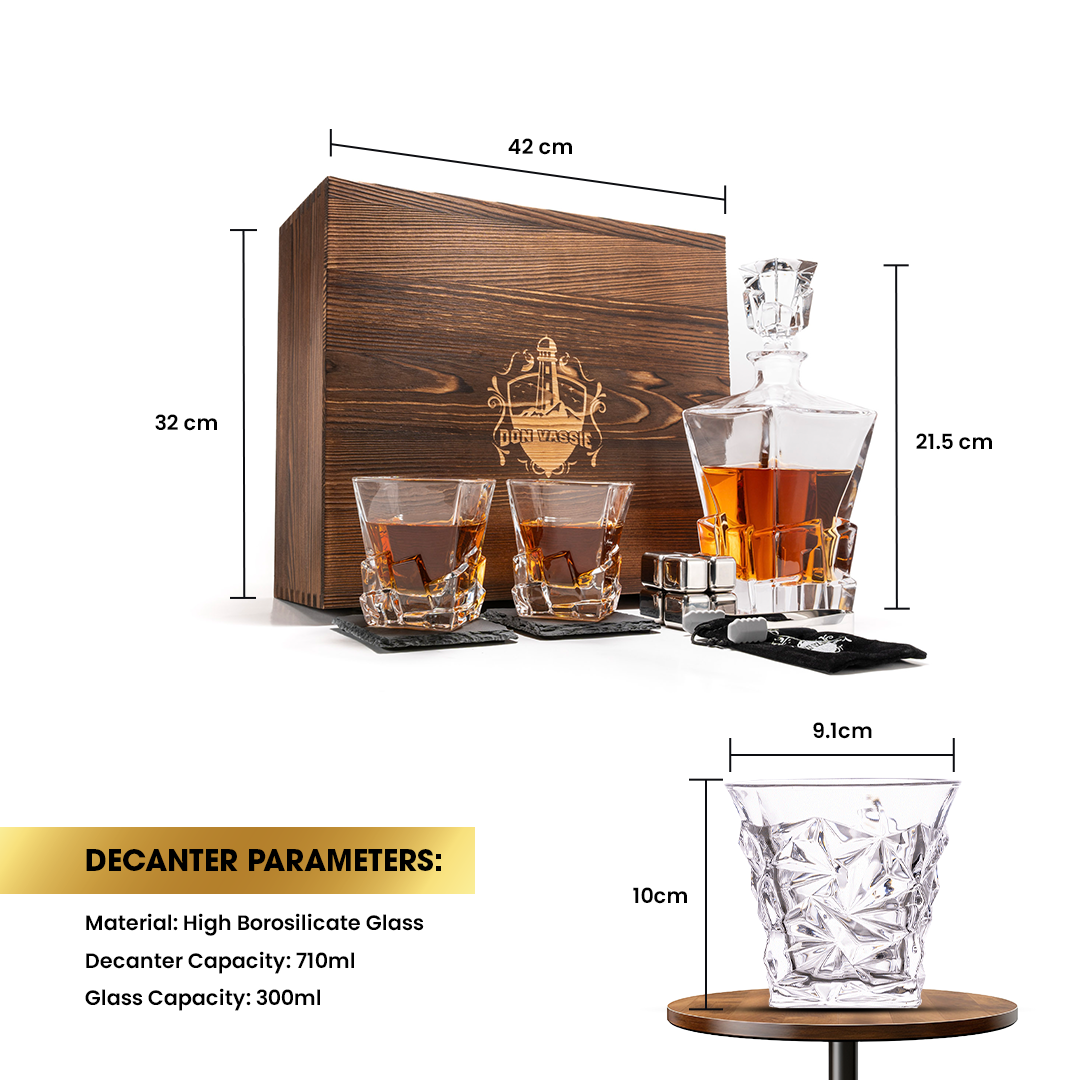 DON VASSIE  LUXURY  WHISKY DECANTER & STONES(CUBES) GIFT SET-WOODEN BOX