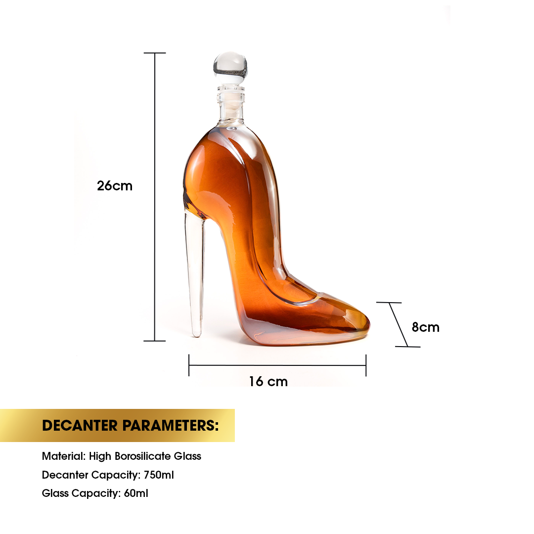 Don Vassie High Heel Decanter,Wine Decanter Carafe, Runway Collection, 22oz with  2 heel glasses