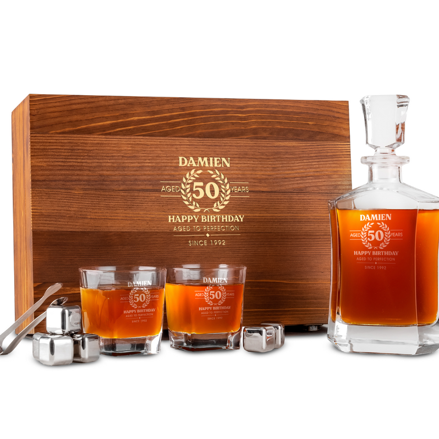 Custom Engraved Whiskey Decanter Set with Stainless Steel Stones and a Wooden Gift Box -Pre sale (Delivery End of July)