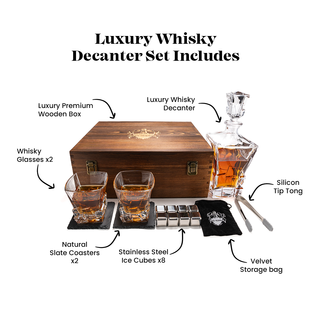 DON VASSIE  LUXURY  WHISKY DECANTER & STONES(CUBES) GIFT SET-WOODEN BOX