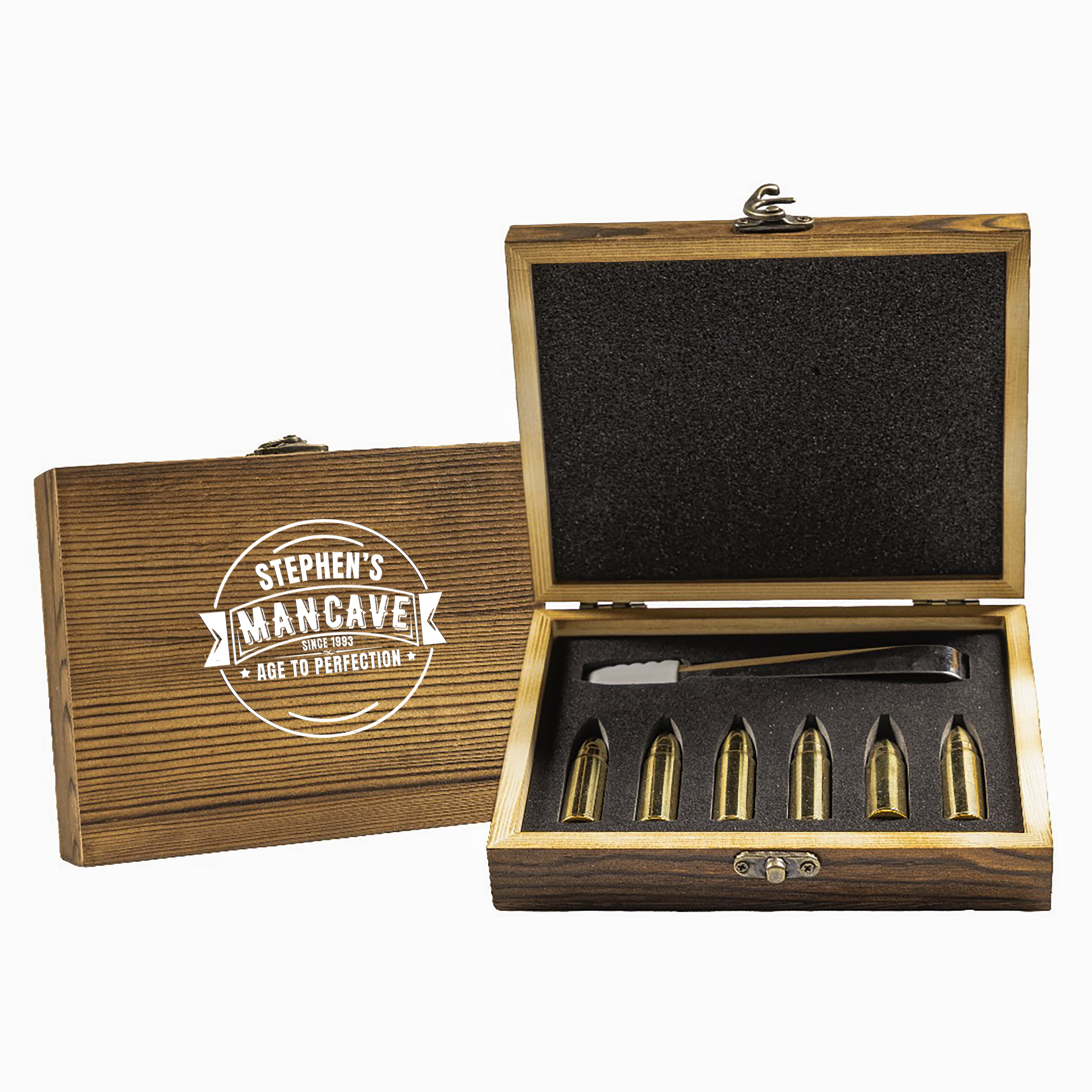 Custom Engraved XL Gold Whisky Bullet Chillers 6 Pieces with Tong and a Luxury Wooden Box