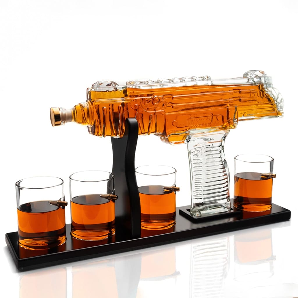 Uzi Submachine Gun Whiskey Gun Decanter 1000ml with 4 Bullet Whiskey Glasses & Wooden Base