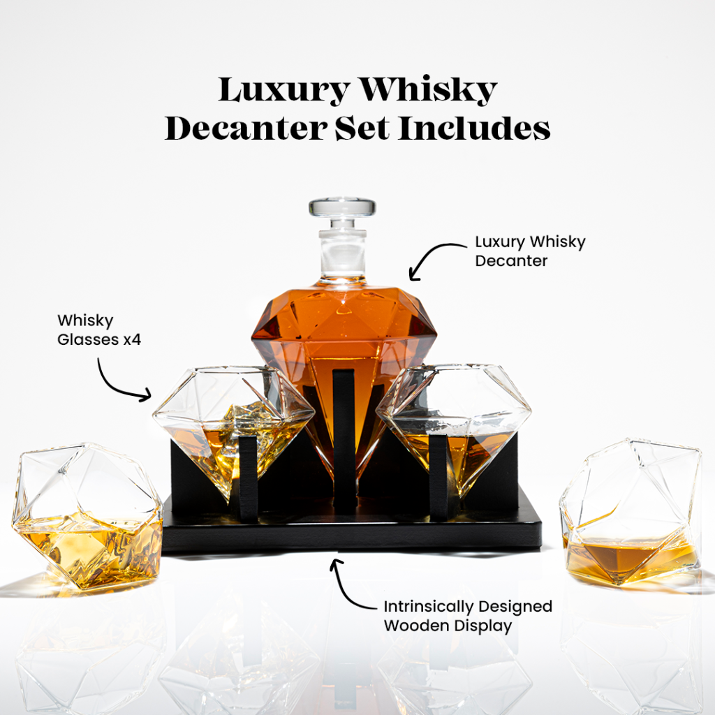 Don Vassie Diamond Shaped Decanter 850ml with 4 matching glasses and an intrinsically designed wooden display.