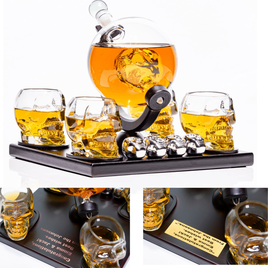 Don Vassie Custom Engraved Skull Globe Decanter Set with 4 skull shot glasses+4 stainless steel skull stones