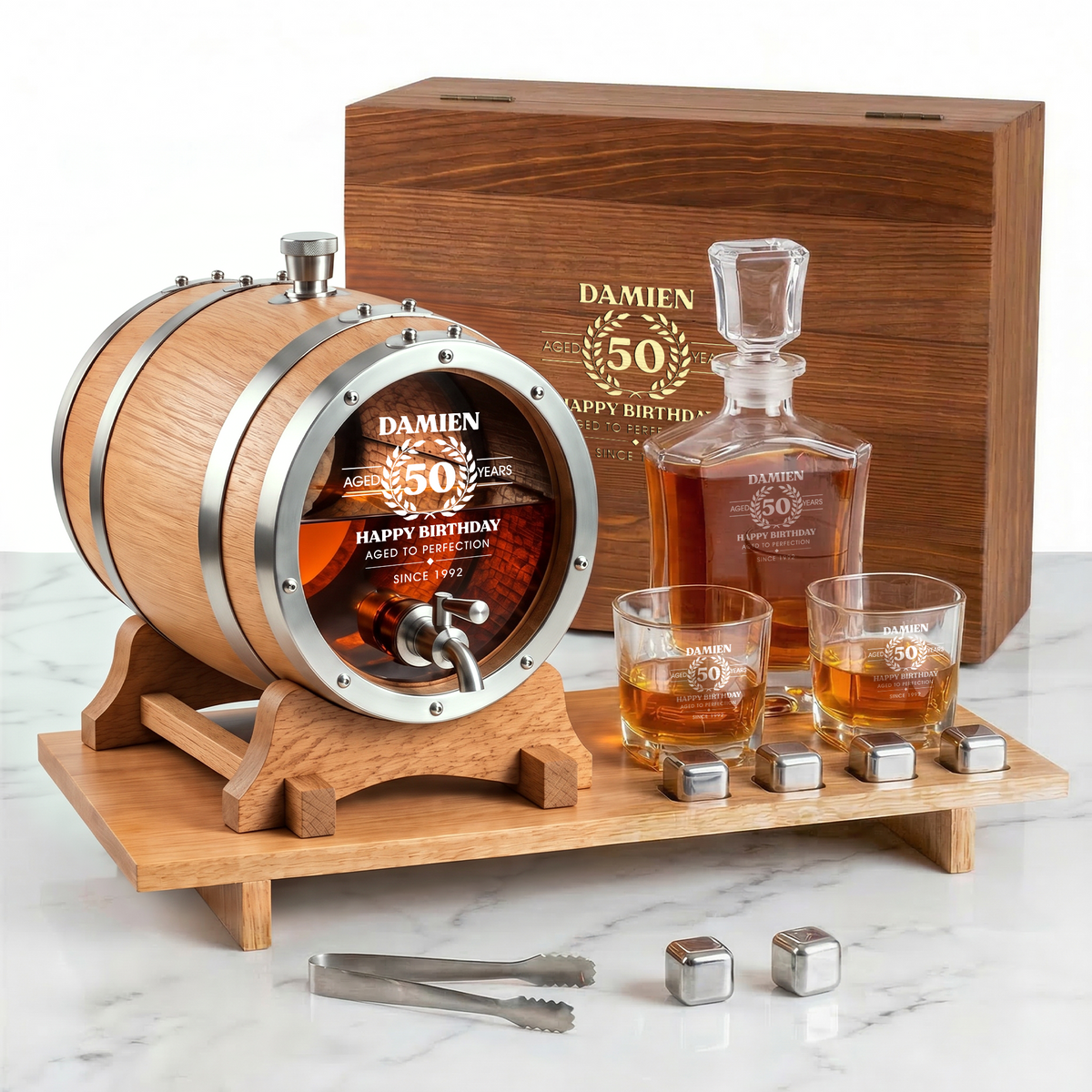 The Ultimate Whisky Experience – Personalised Glass Head Oak Barrel & Decanter Set