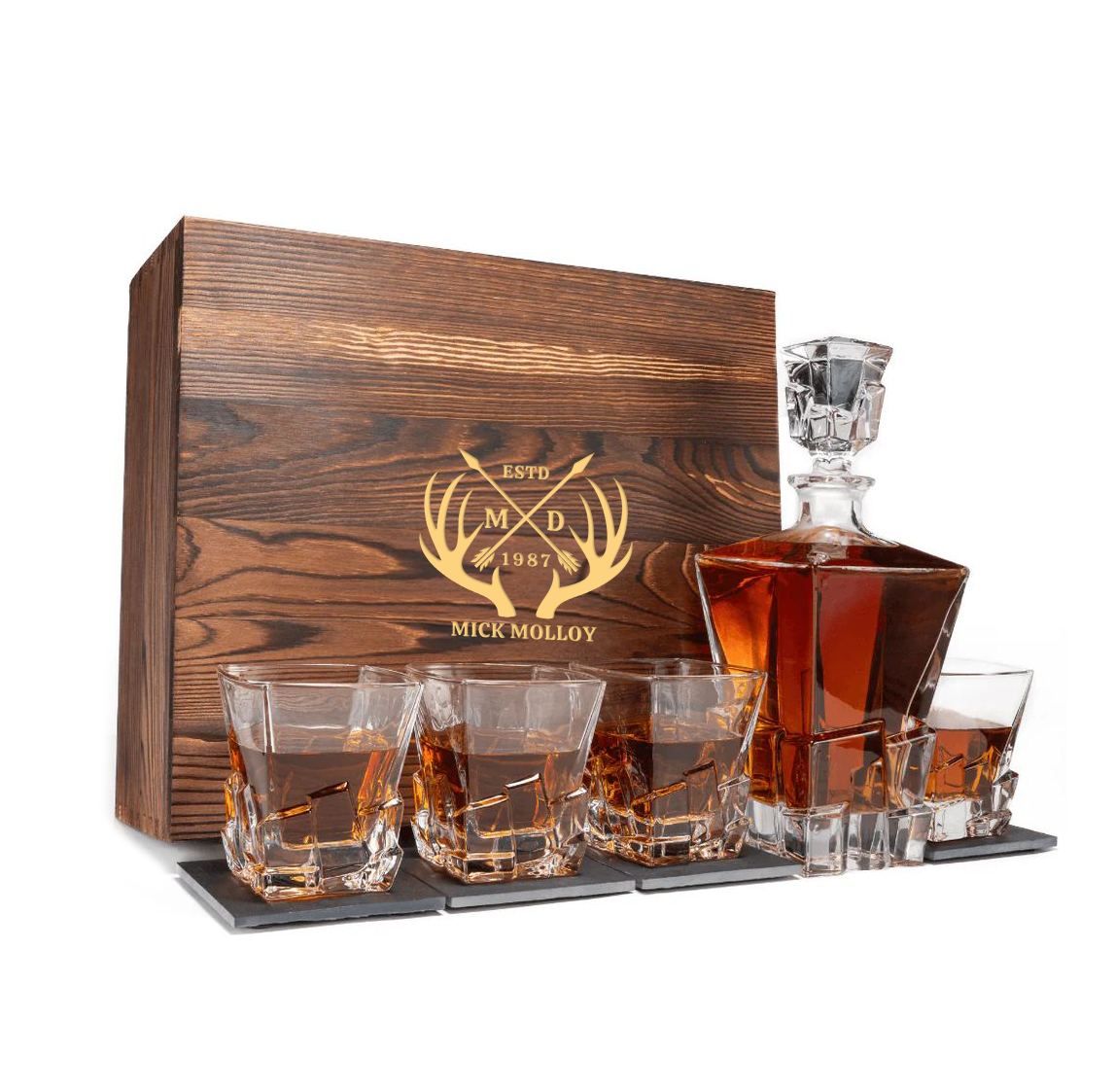 CUSTOM ENGRAVED LUXURY WHISKY DECANTER SET WITH 4 GLASSES-MOUNT KOSCIUSZKO(WOODEN BOX ONLY)