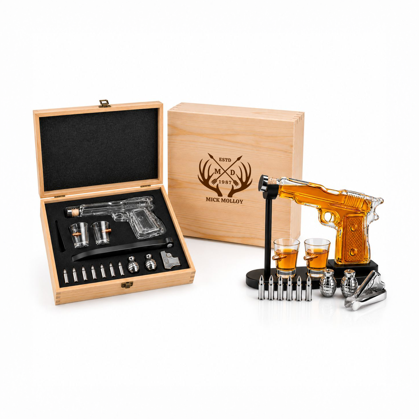 Limited Edition Pistol Whiskey Decanter Ultimate Bundle | Gun Decanter, 2 Shot Glasses, Bullet Chillers & Personalised Engraved Wooden Gift Box