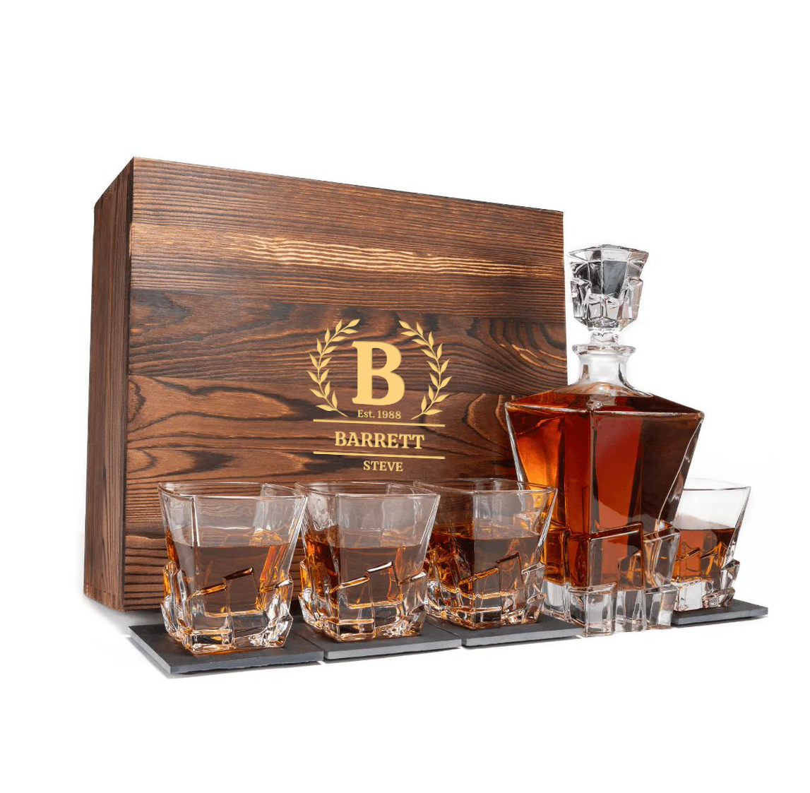 CUSTOM ENGRAVED LUXURY WHISKY DECANTER SET WITH 4 GLASSES-MOUNT KOSCIUSZKO(WOODEN BOX ONLY)