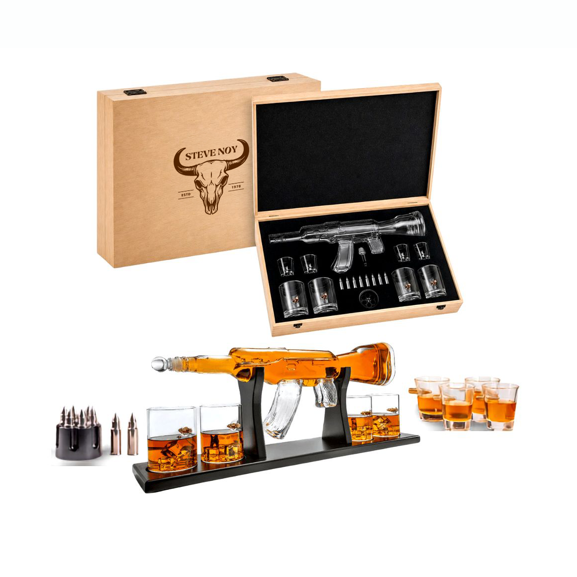 Limited Edition AK-47 Whiskey Decanter Ultimate Bundle | Gun Decanter, 4 Glasses, Bullet Chillers & Luxury Engraved Wooden Gift Box