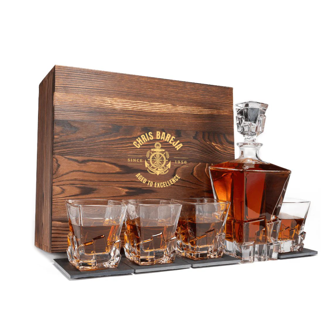 CUSTOM ENGRAVED LUXURY WHISKY DECANTER SET WITH 4 GLASSES-MOUNT KOSCIUSZKO(WOODEN BOX ONLY)