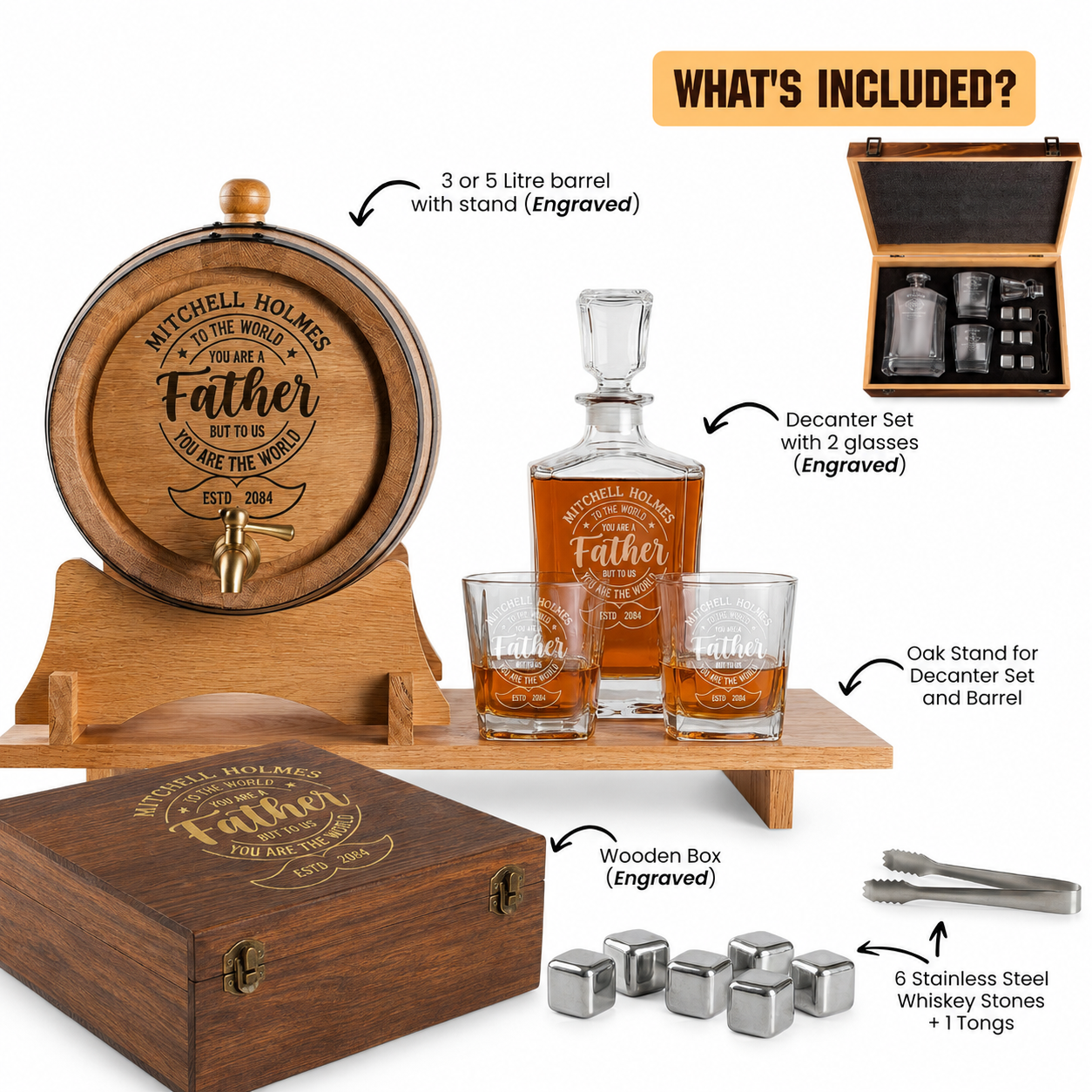 The Ultimate Father's Day Whisky Experience Set – Personalised Oak Barrel & Decanter Bundle