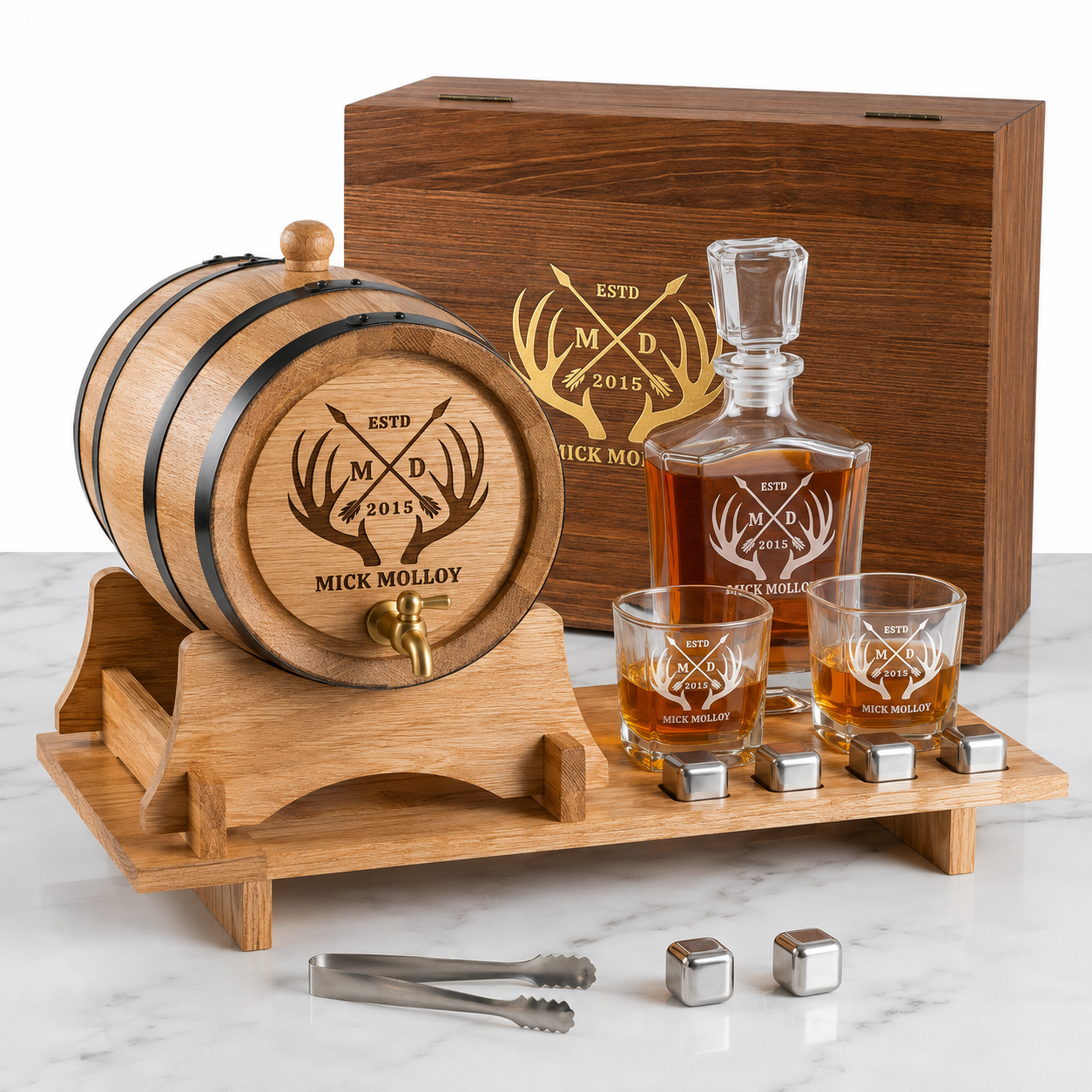 The Ultimate Whisky Experience Set – Personalised Oak Barrel  & Decanter set  Bundle