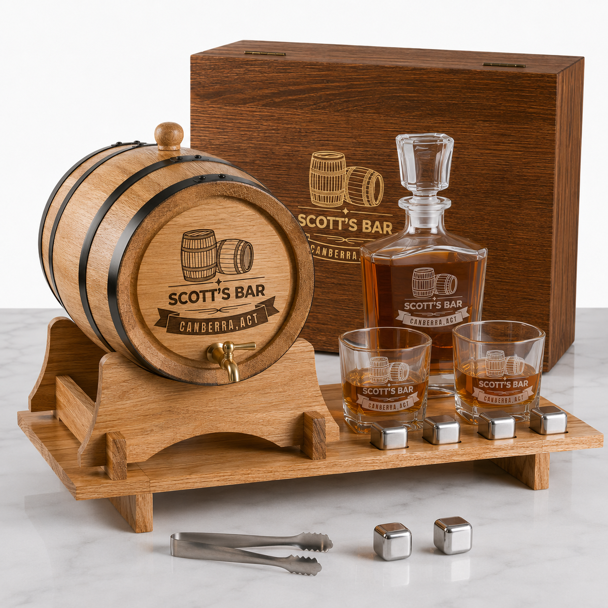 The Ultimate Whisky Experience Set – Personalised Oak Barrel  & Decanter set  Bundle
