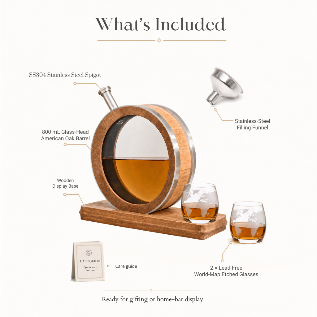 Premium Glass Head American Oak Barrel – 800 mL with  Two-Glass Set. PRE-ORDER