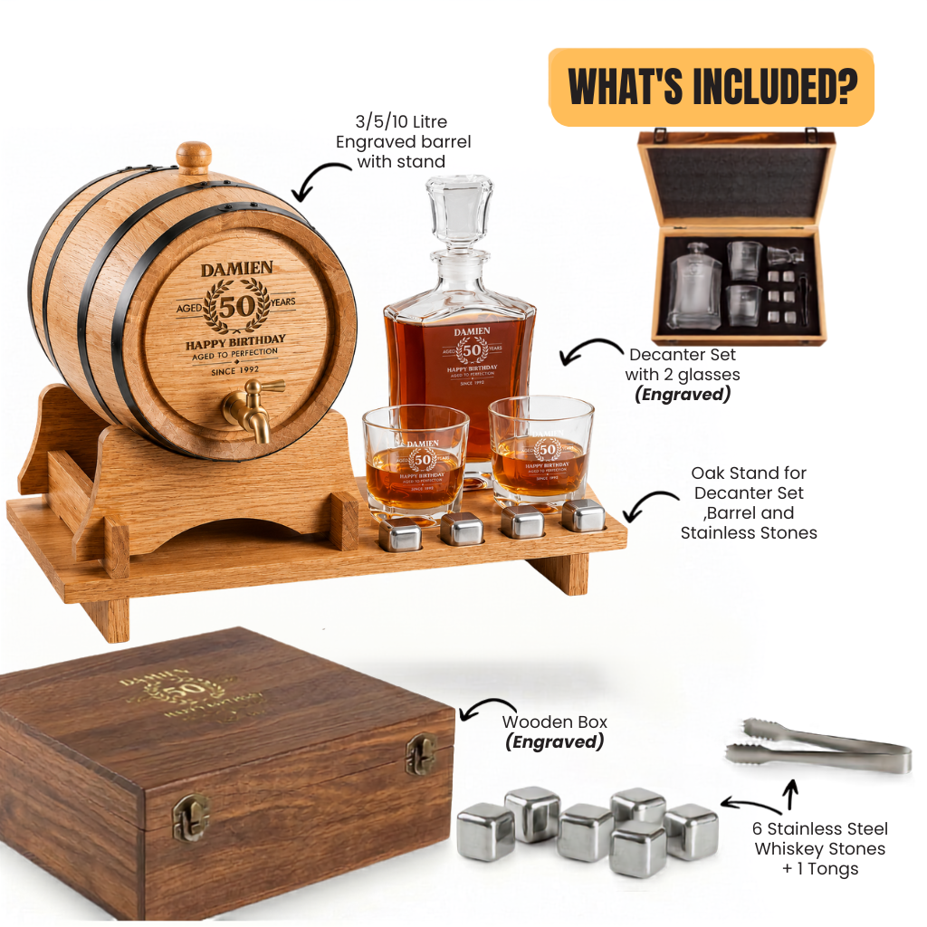 The Ultimate Whisky Experience Set – Personalised Oak Barrel  & Decanter set  Bundle