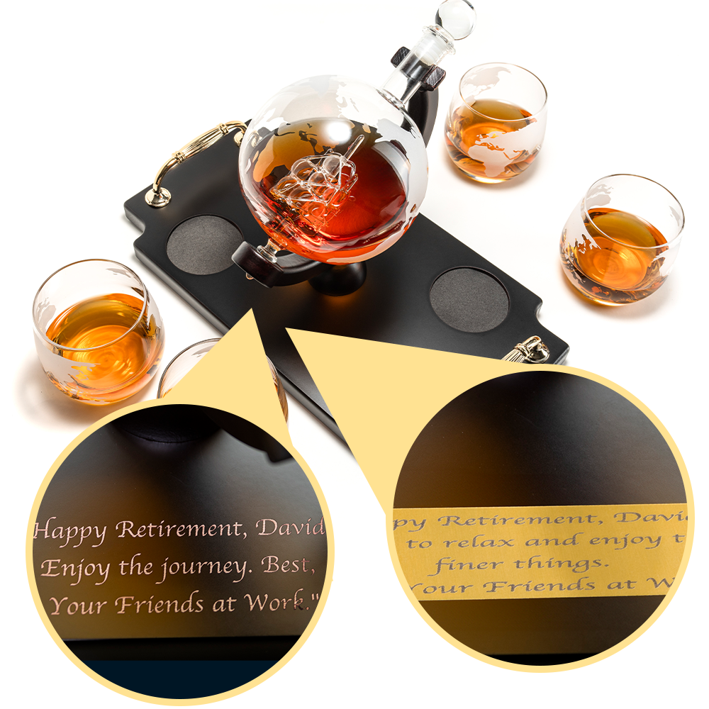 Custom Engraved Don Vassie Globe Decanter Set 850ml with 4 Glasses and Wooden tray base with gold handles