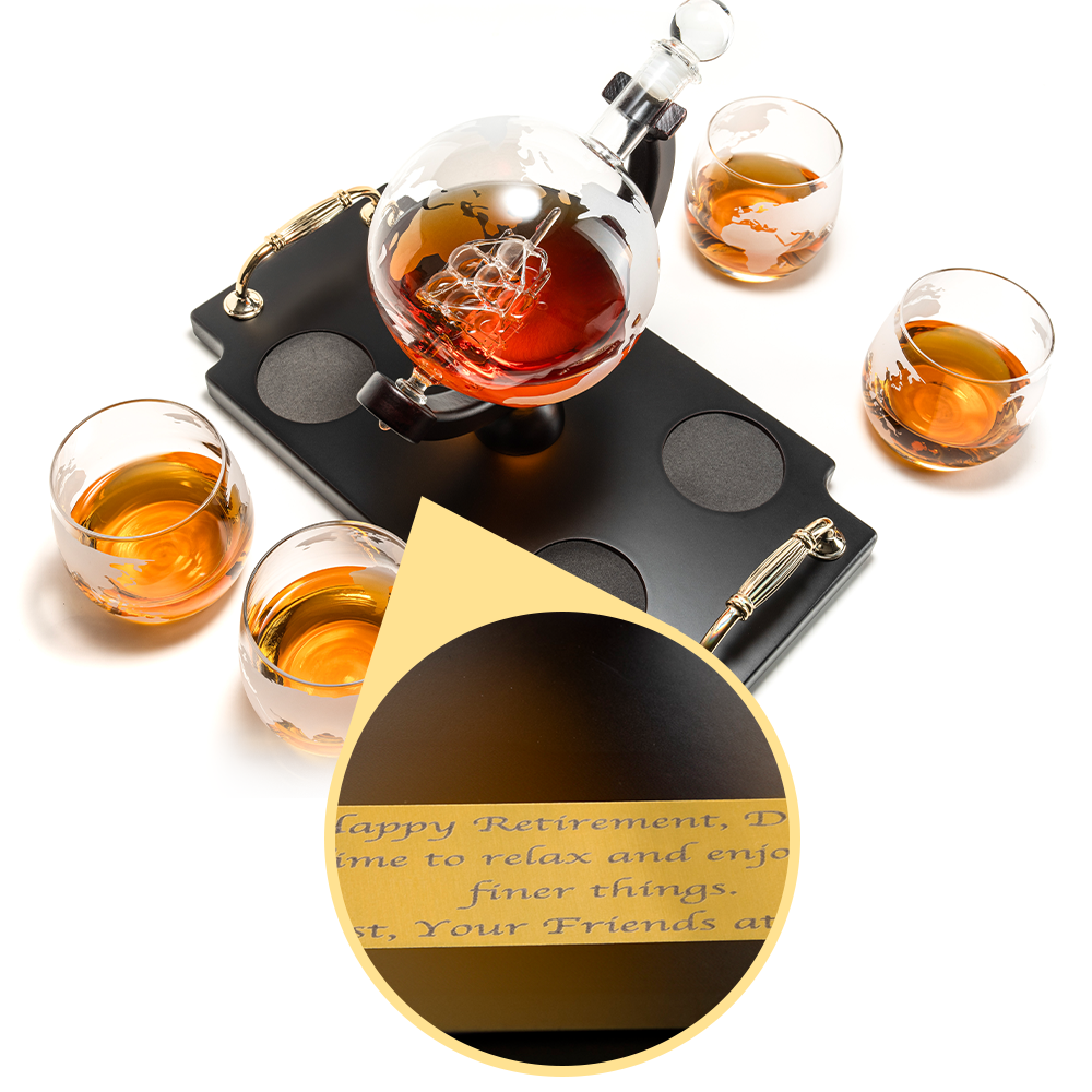 Custom Engraved Don Vassie Globe Decanter Set 850ml with 4 Glasses and Wooden tray base with gold handles