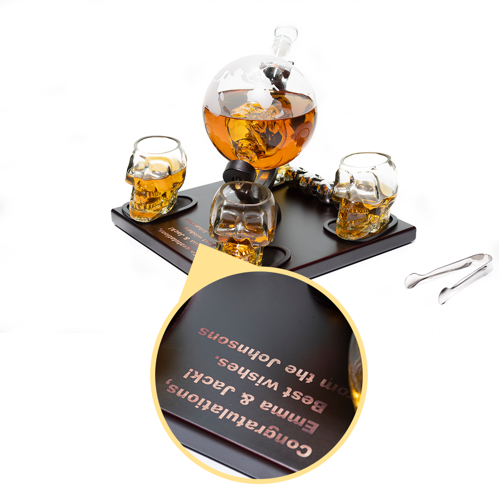 Don Vassie Custom Engraved Skull Globe Decanter Set with 4 skull shot glasses+4 stainless steel skull stones