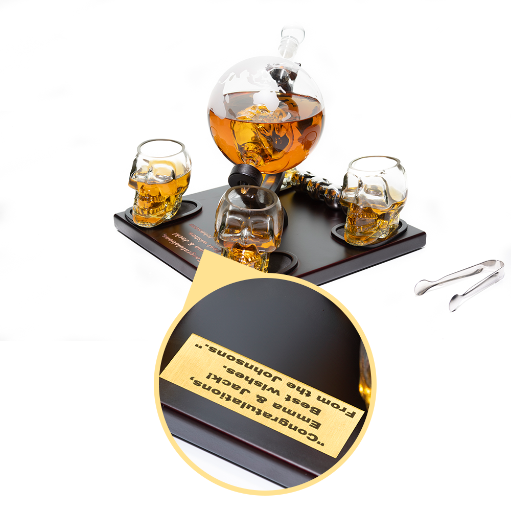 Don Vassie Custom Engraved Skull Globe Decanter Set with 4 skull shot glasses+4 stainless steel skull stones