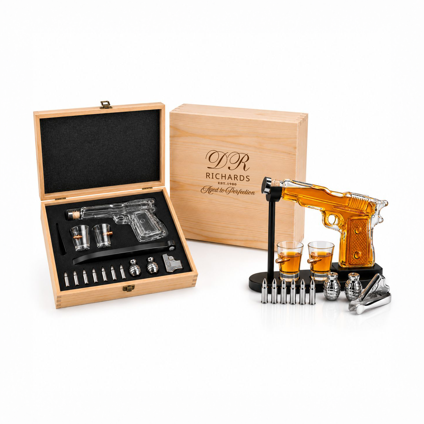 Limited Edition Pistol Whiskey Decanter Ultimate Bundle | Gun Decanter, 2 Shot Glasses, Bullet Chillers & Personalised Engraved Wooden Gift Box
