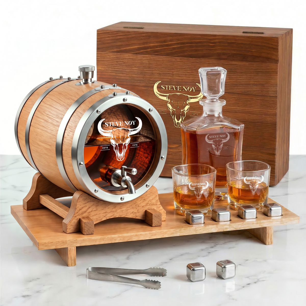 The Ultimate Whisky Experience – Personalised Glass Head Oak Barrel & Decanter Set