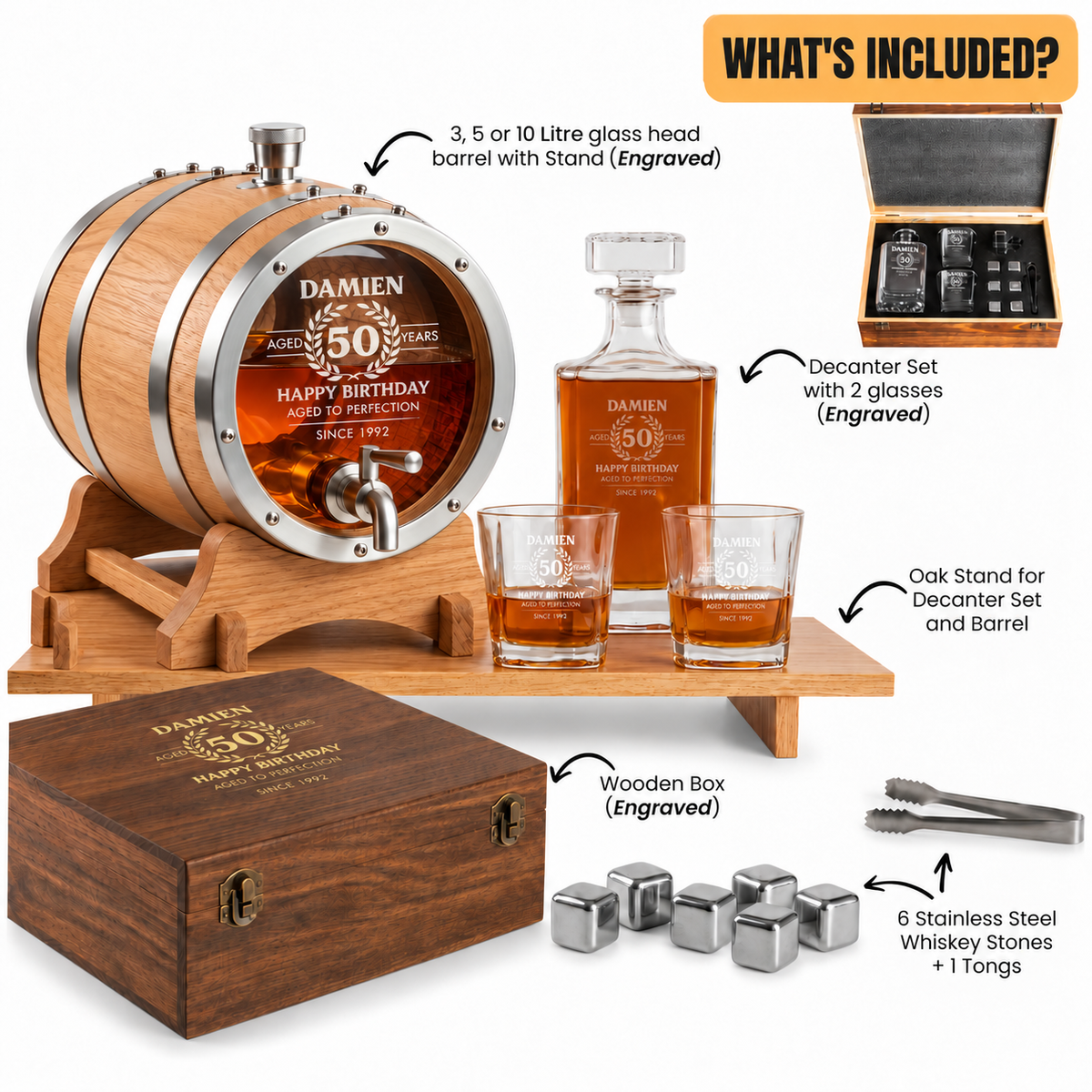 The Ultimate Whisky Experience – Personalised Glass Head Oak Barrel & Decanter Set