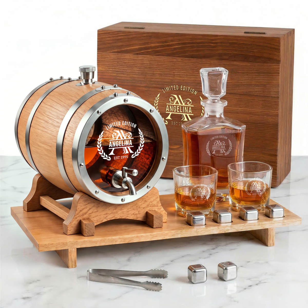 The Ultimate Whisky Experience – Personalised Glass Head Oak Barrel & Decanter Set