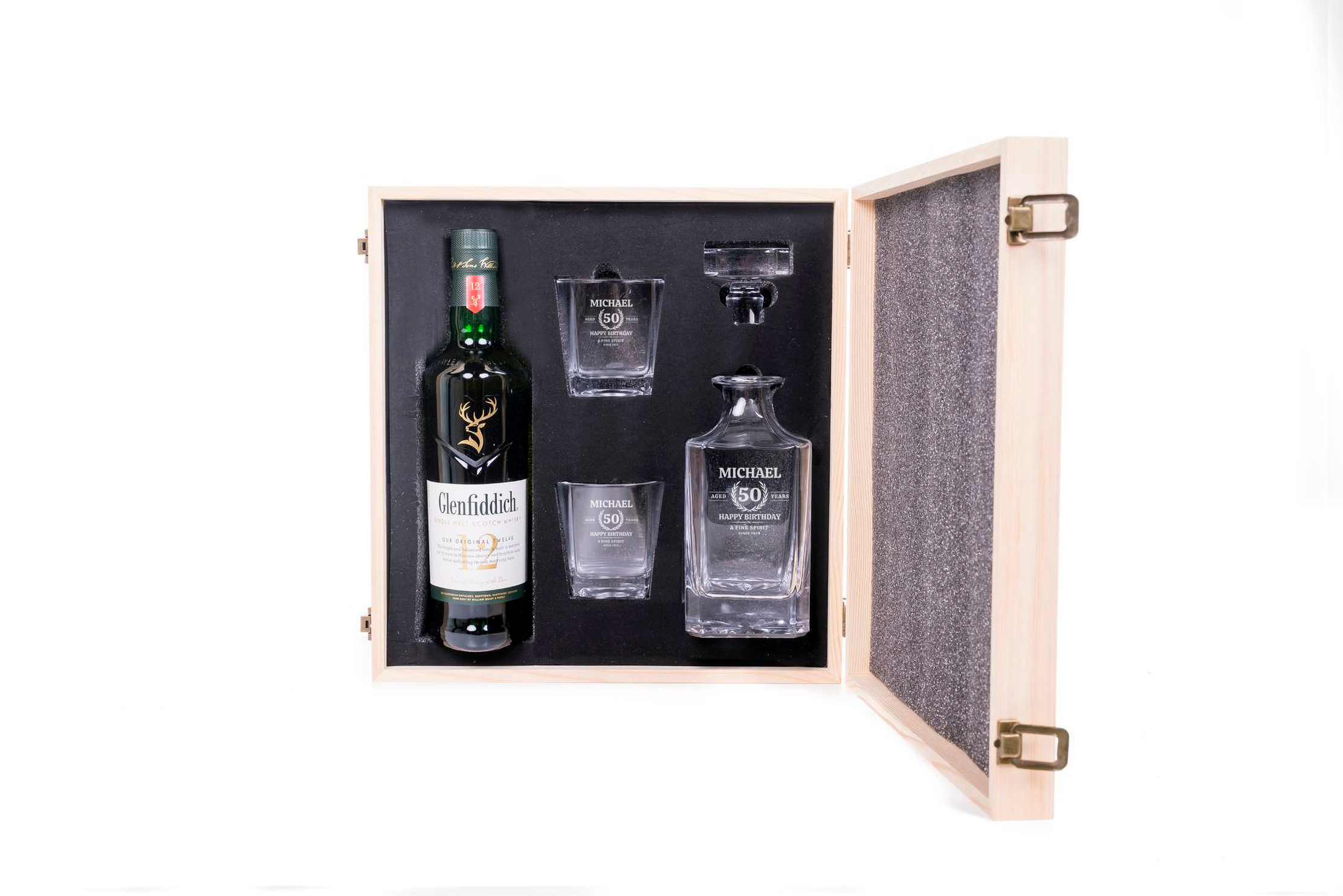 Glenfiddich Personalised Whisky Decanter Gift Set with Engraved Wooden Box