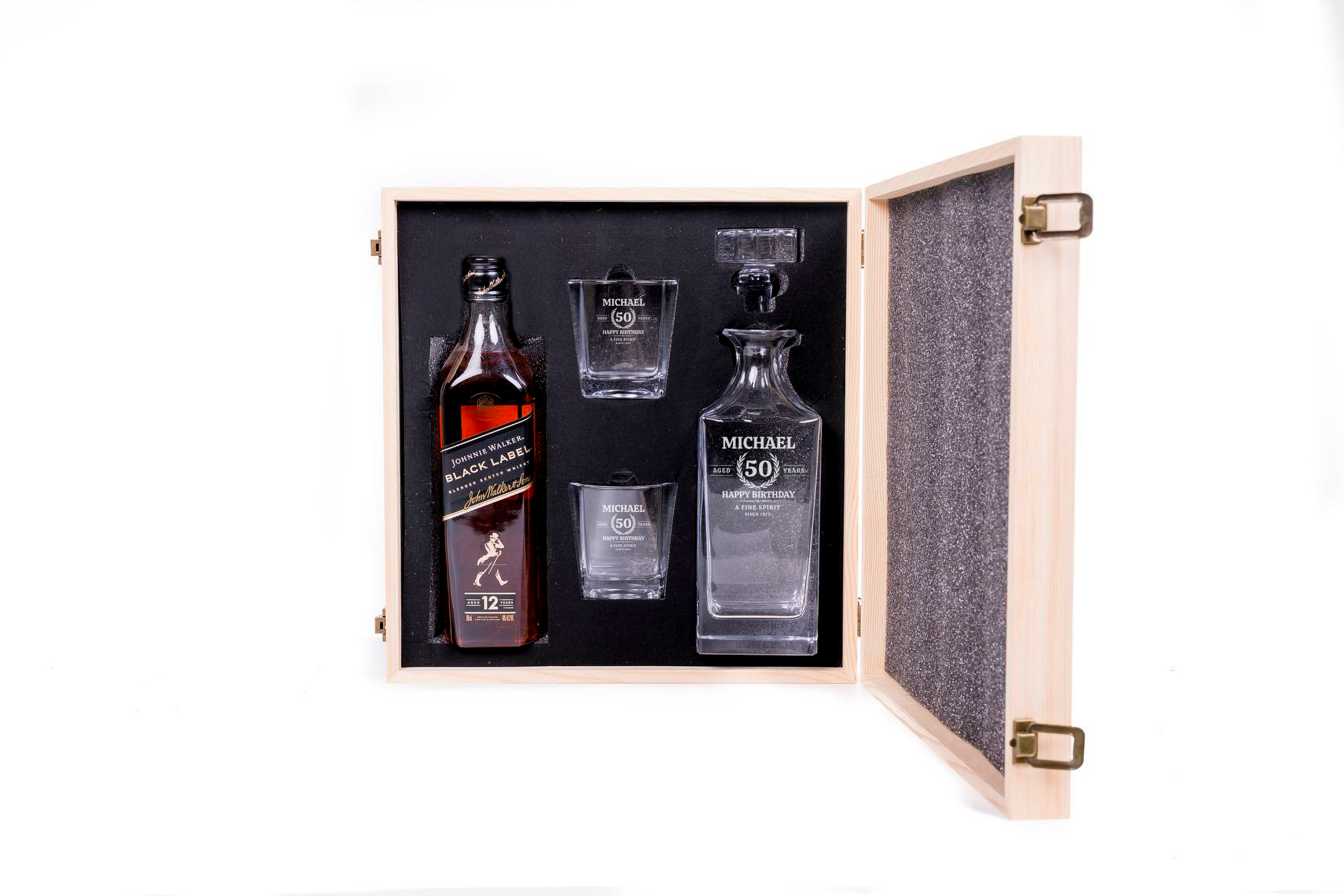 Johnnie Walker Black Label Personalised Whisky Decanter Gift Set with Engraved Wooden Box