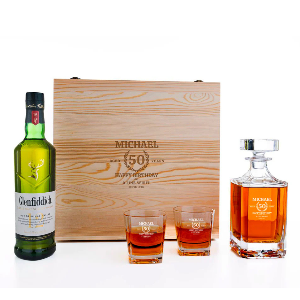 Glenfiddich Personalised Whisky Decanter Gift Set with Engraved Wooden Box