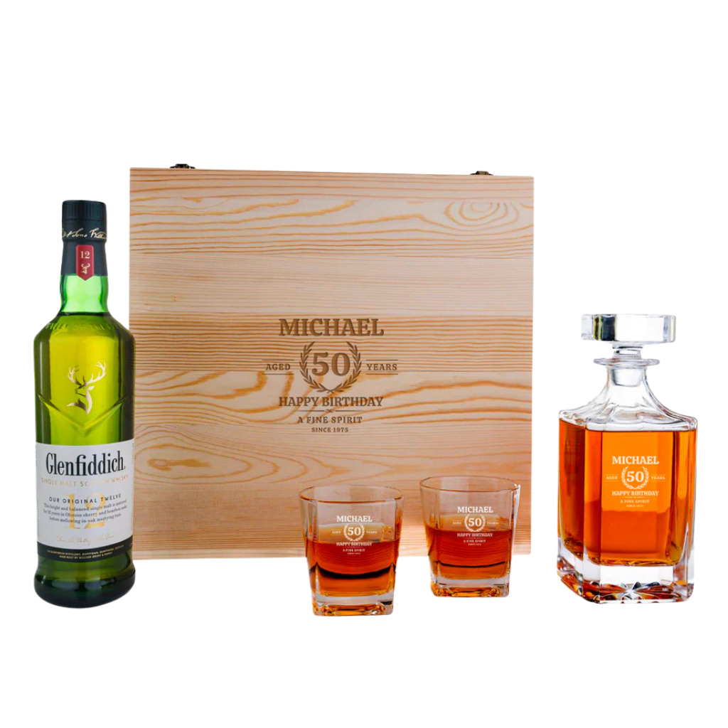 Glenfiddich Personalised Whisky Decanter Gift Set with Engraved Wooden Box