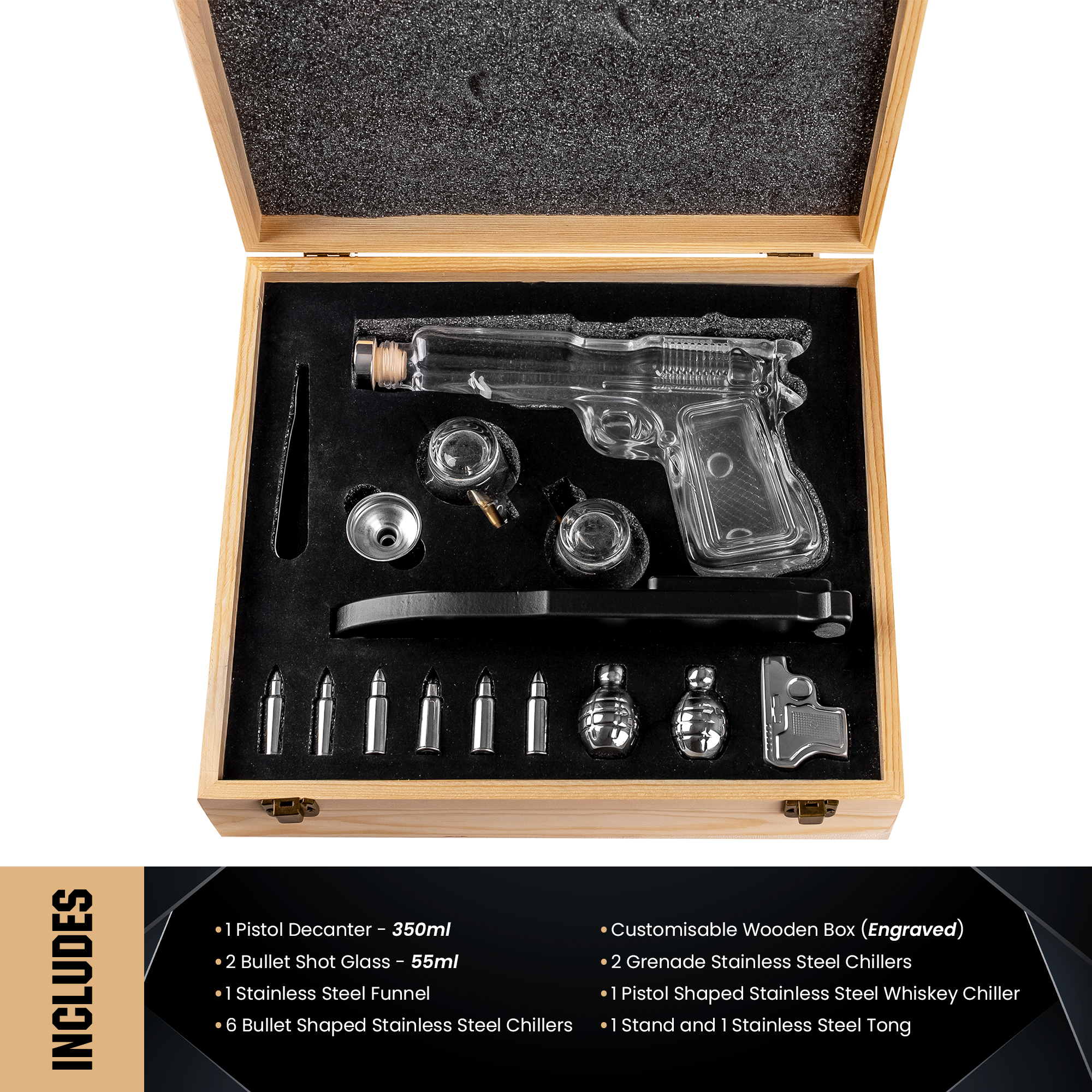Limited Edition Pistol Whiskey Decanter Ultimate Bundle | Gun Decanter, 2 Shot Glasses, Bullet Chillers & Personalised Engraved Wooden Gift Box