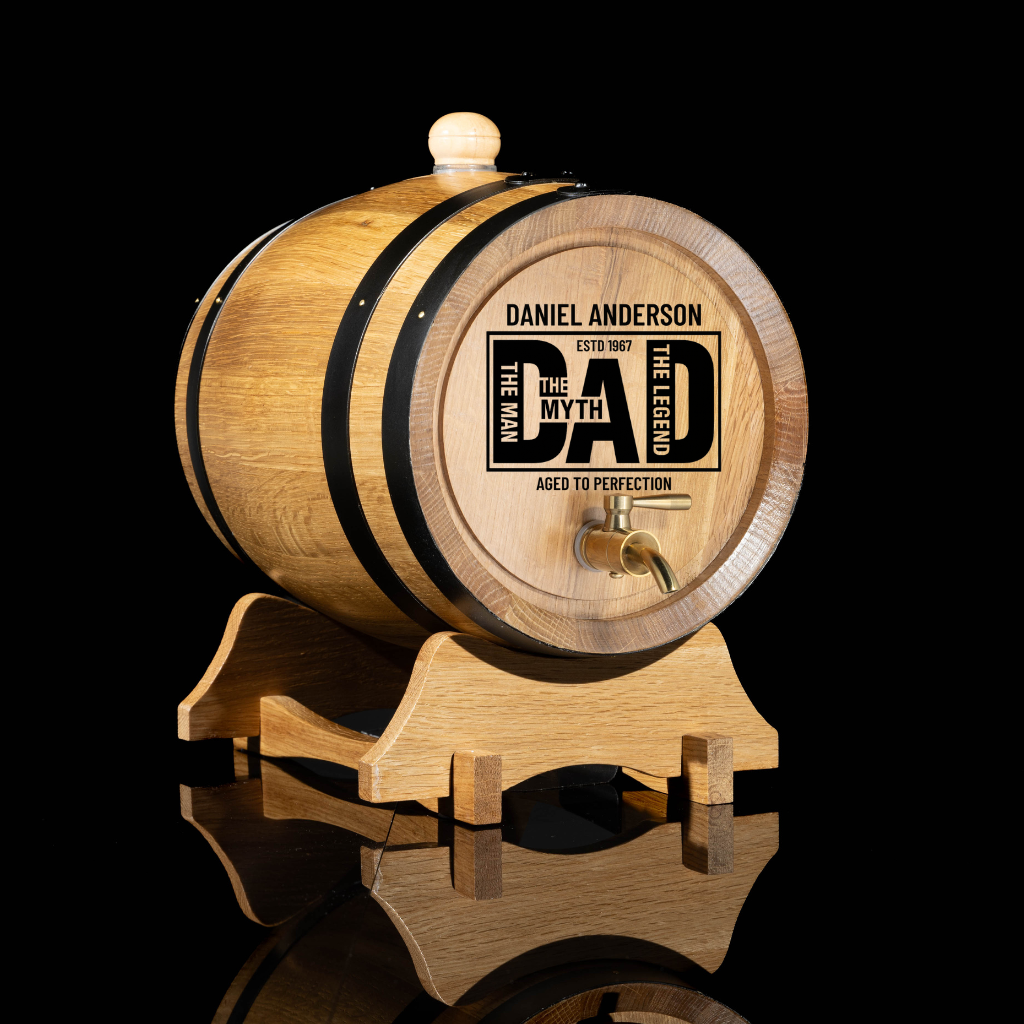 Custom Engraved Oak Barrel – “The Man. The Myth. The Legend. Dad” Edition
