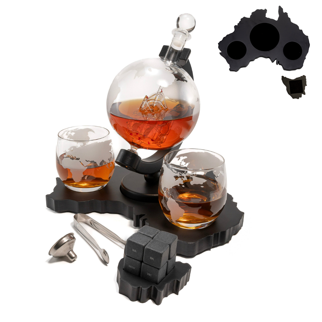 Don Vassie's Limited Edition Whiskey Globe Decanter Set Australia Map- Exclusive Decanter and Whisky Set in Australia