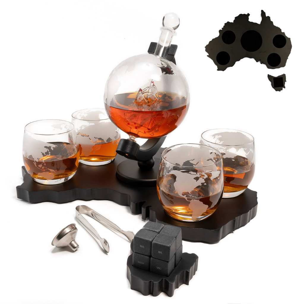 Don Vassie's Limited Edition  Globe Whiskey Decanter Set Australia Map 4 Glasses- Exclusive Decanter and Whisky Set in Australia