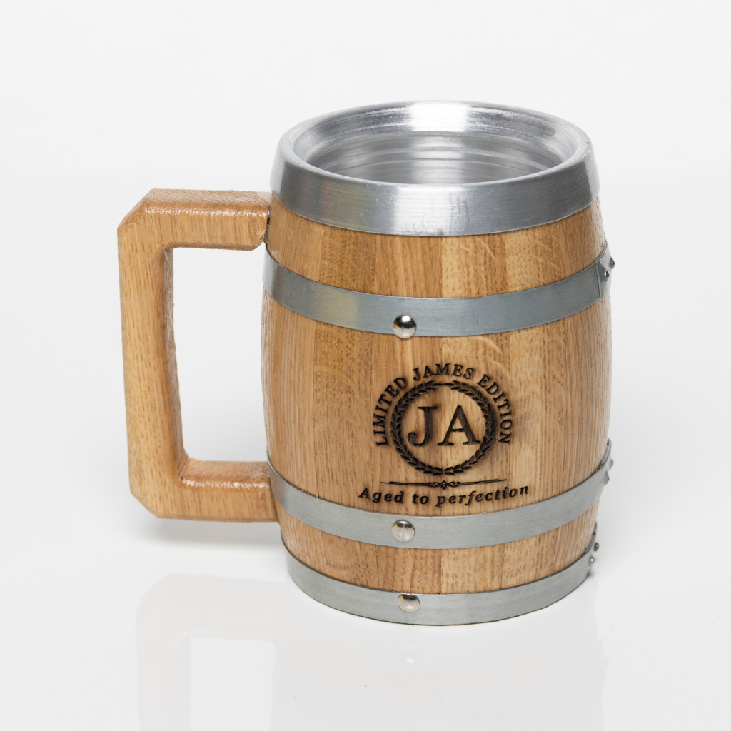 Laser Engraved Genuine American White Oak Stainless Steel insert Barrel Mug 700ml