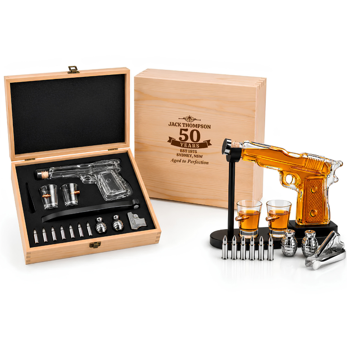 Limited Edition Pistol Whiskey Decanter Ultimate Bundle | Gun Decanter, 2 Shot Glasses, Bullet Chillers & Personalised Engraved Wooden Gift Box