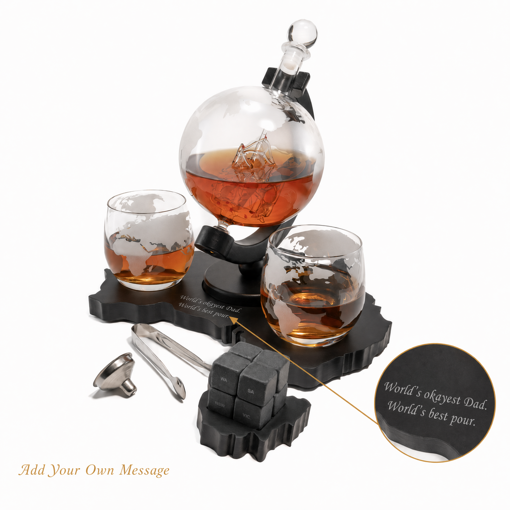 Custom Engraved  Limited Edition Whiskey Globe Decanter Set Australia Map- Exclusive Decanter and Whisky Set in Australia