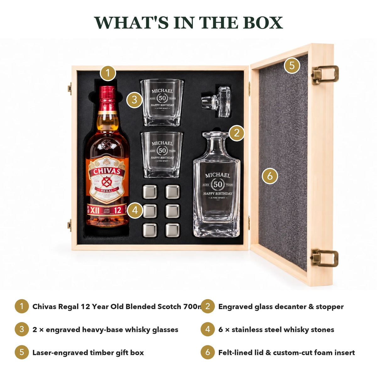 What's in the box: Chivas Regal 12 700ml, engraved decanter, 2 engraved glasses, 6 whisky stones, engraved timber box