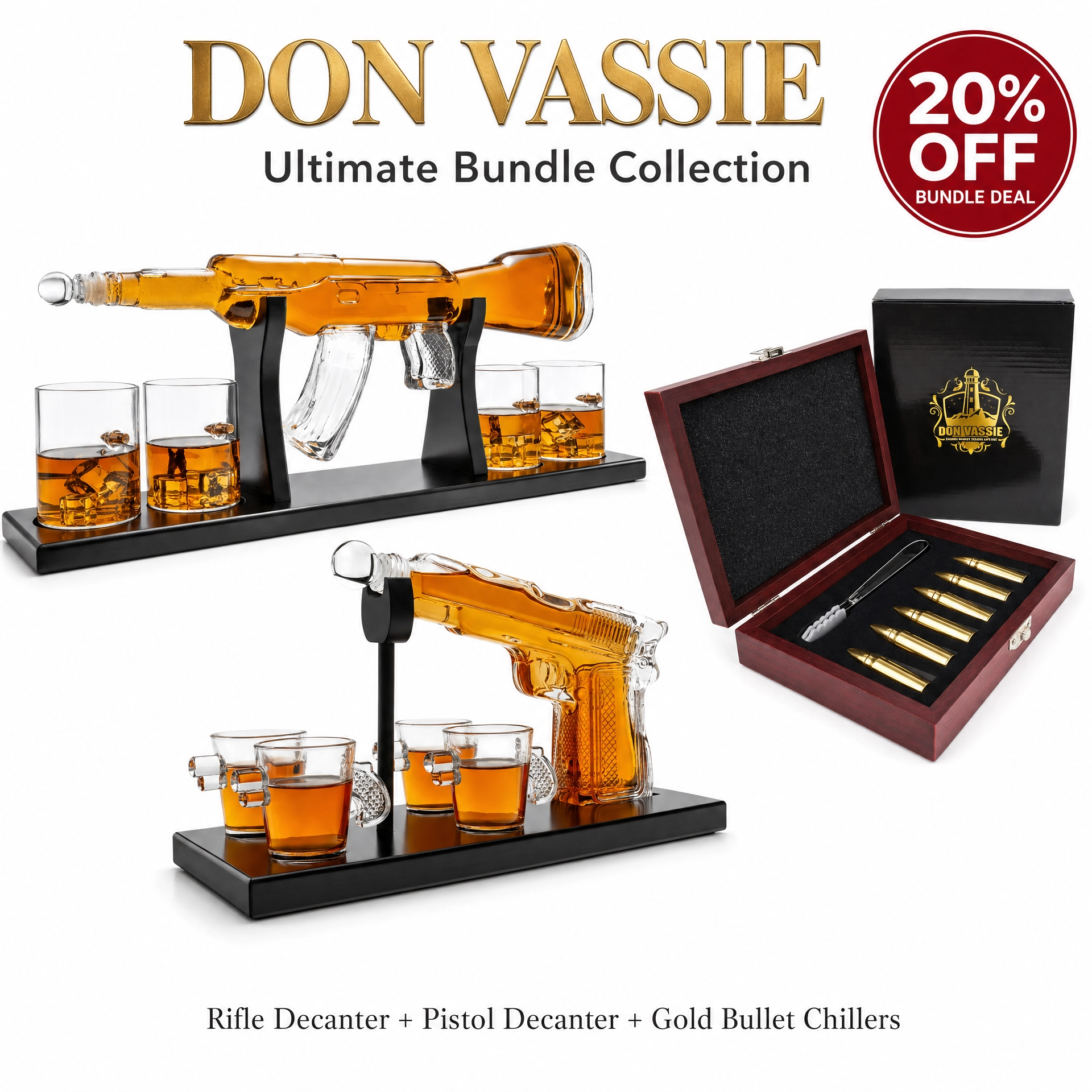 Limited Edition AK-47 Whiskey Decanter Ultimate Bundle | Gun Decanter, 4 Glasses, Bullet Chillers & Luxury Engraved Wooden Gift Box