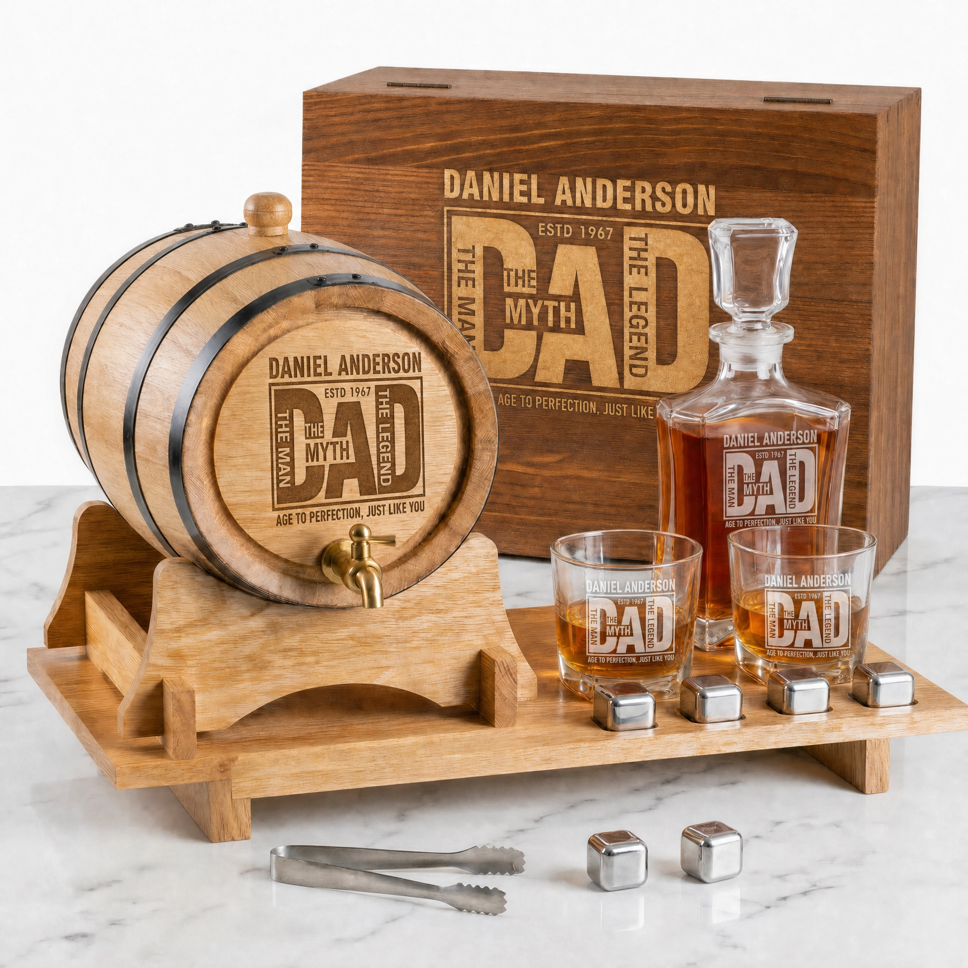 The Ultimate Father's Day Whisky Experience Set – Personalised Oak Barrel & Decanter Bundle