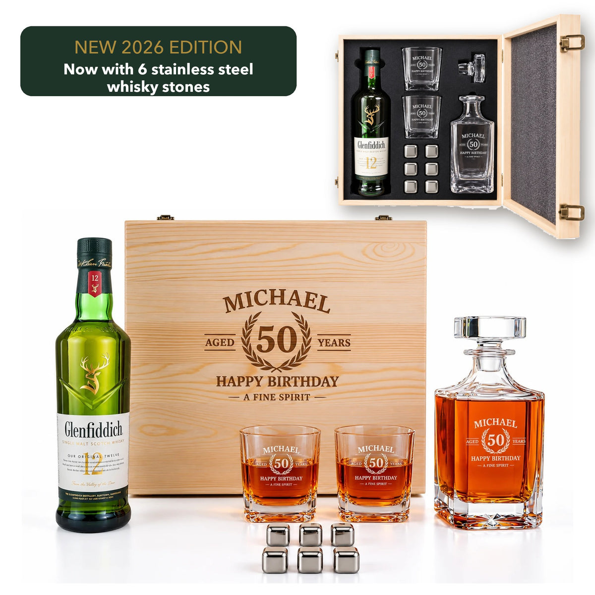 Glenfiddich 12 personalised whisky gift set with engraved wooden box, decanter, 2 glasses and 6 whisky stones