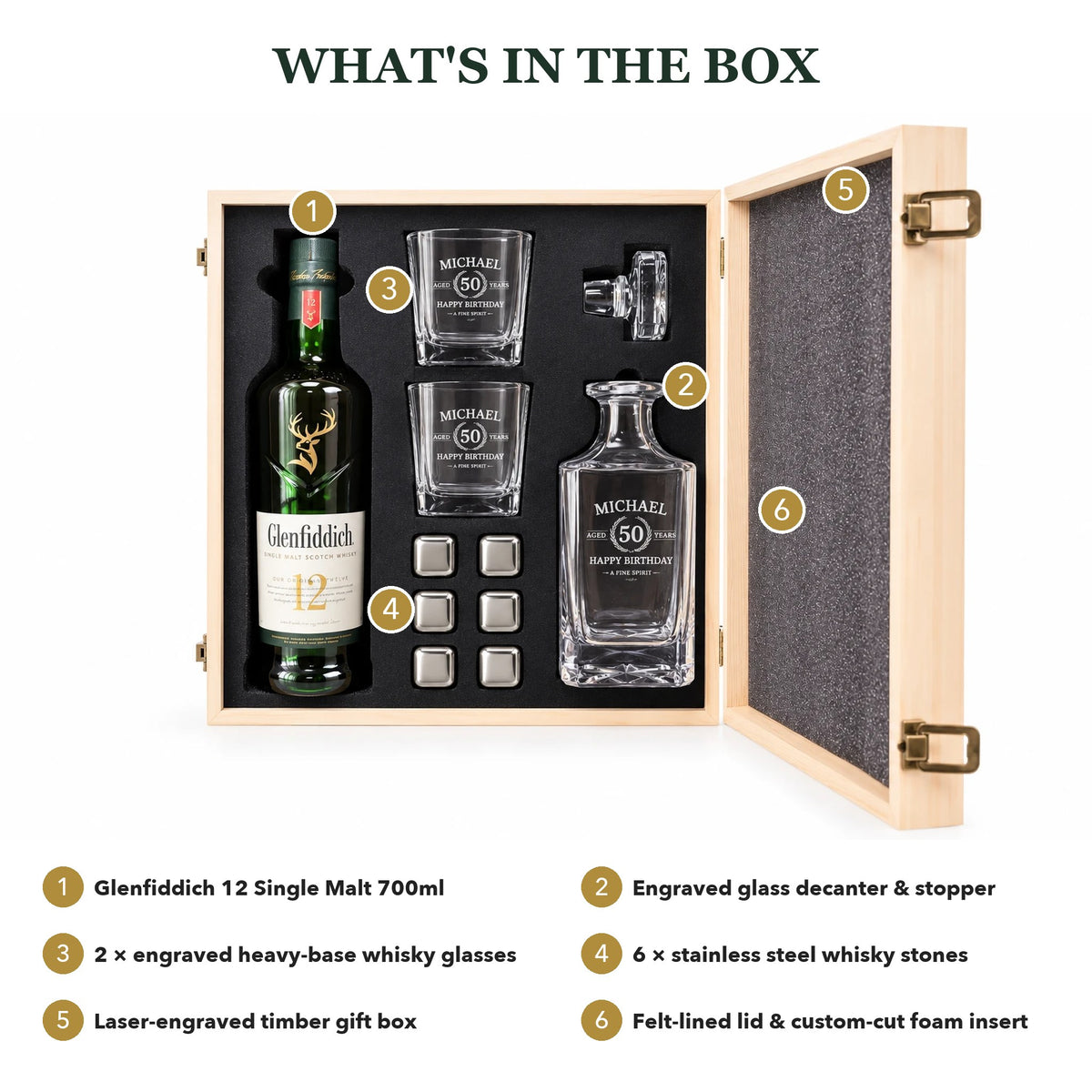 What's in the box: Glenfiddich 12, engraved decanter, 2 engraved glasses, 6 whisky stones, engraved timber box