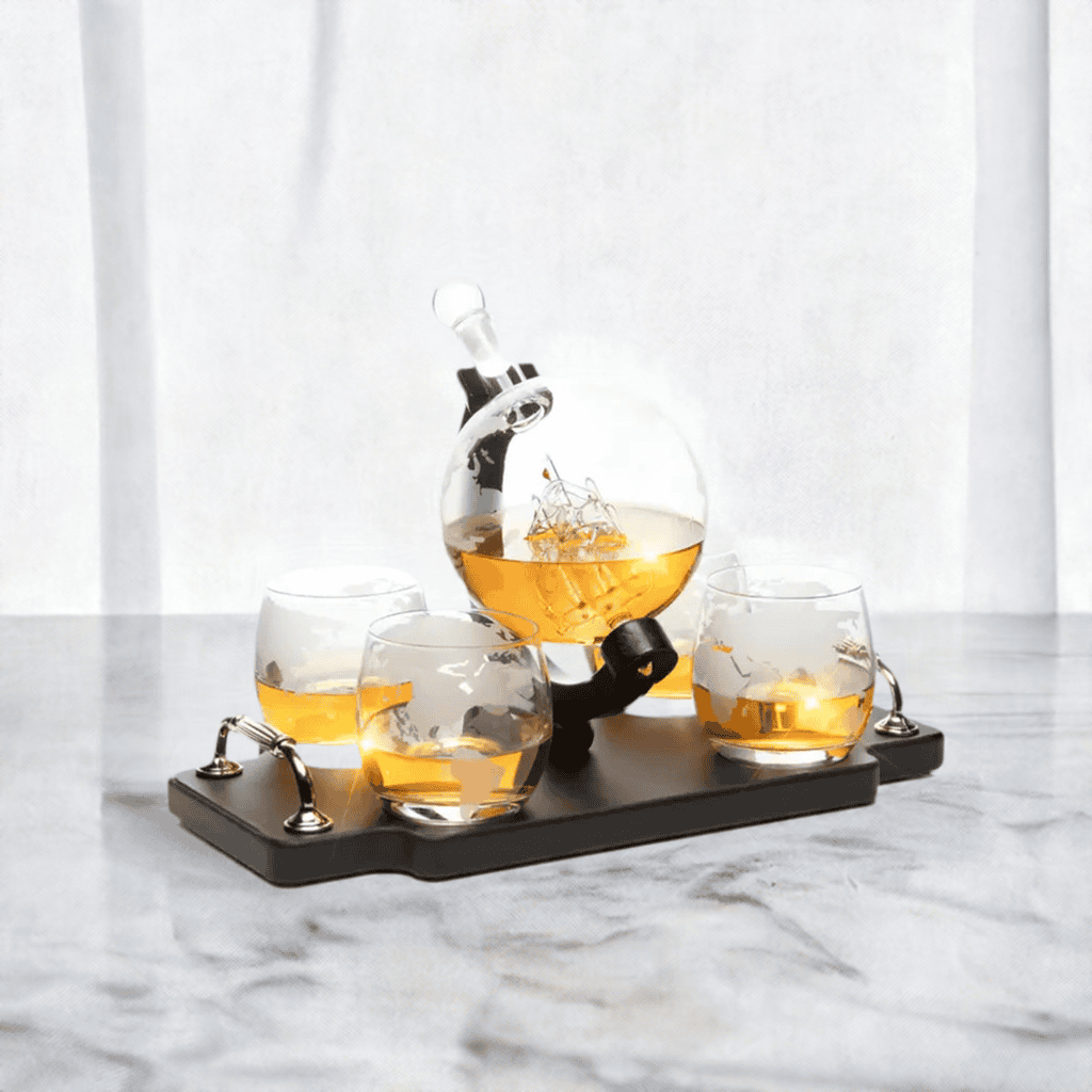 Don Vassie Globe Decanter Set 850ml with 4 Glasses and Wooden tray base with gold handles