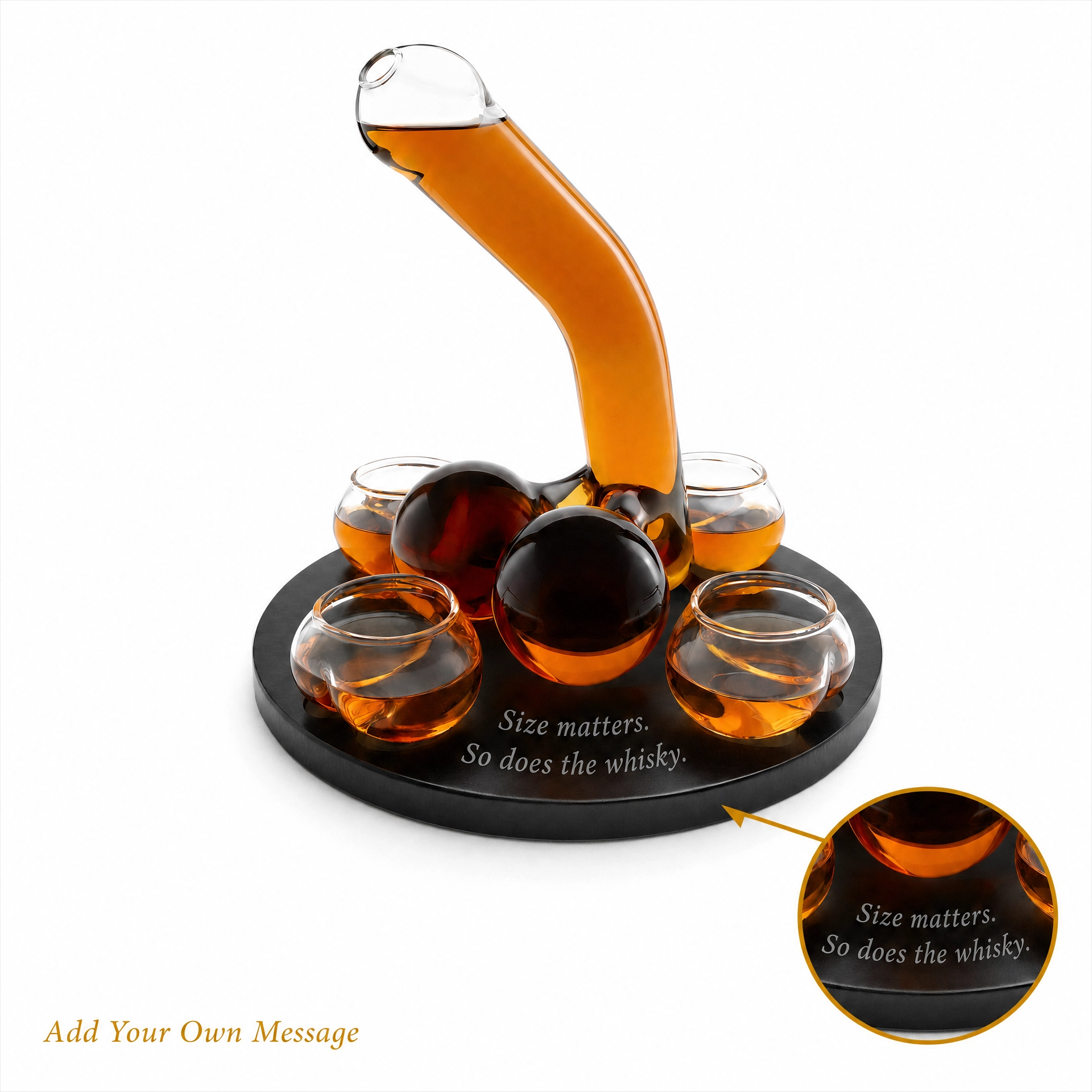 Custom Engraved Penis Decanter 850ml with 4 shot glasses 140ml and a rich classic wooden base
