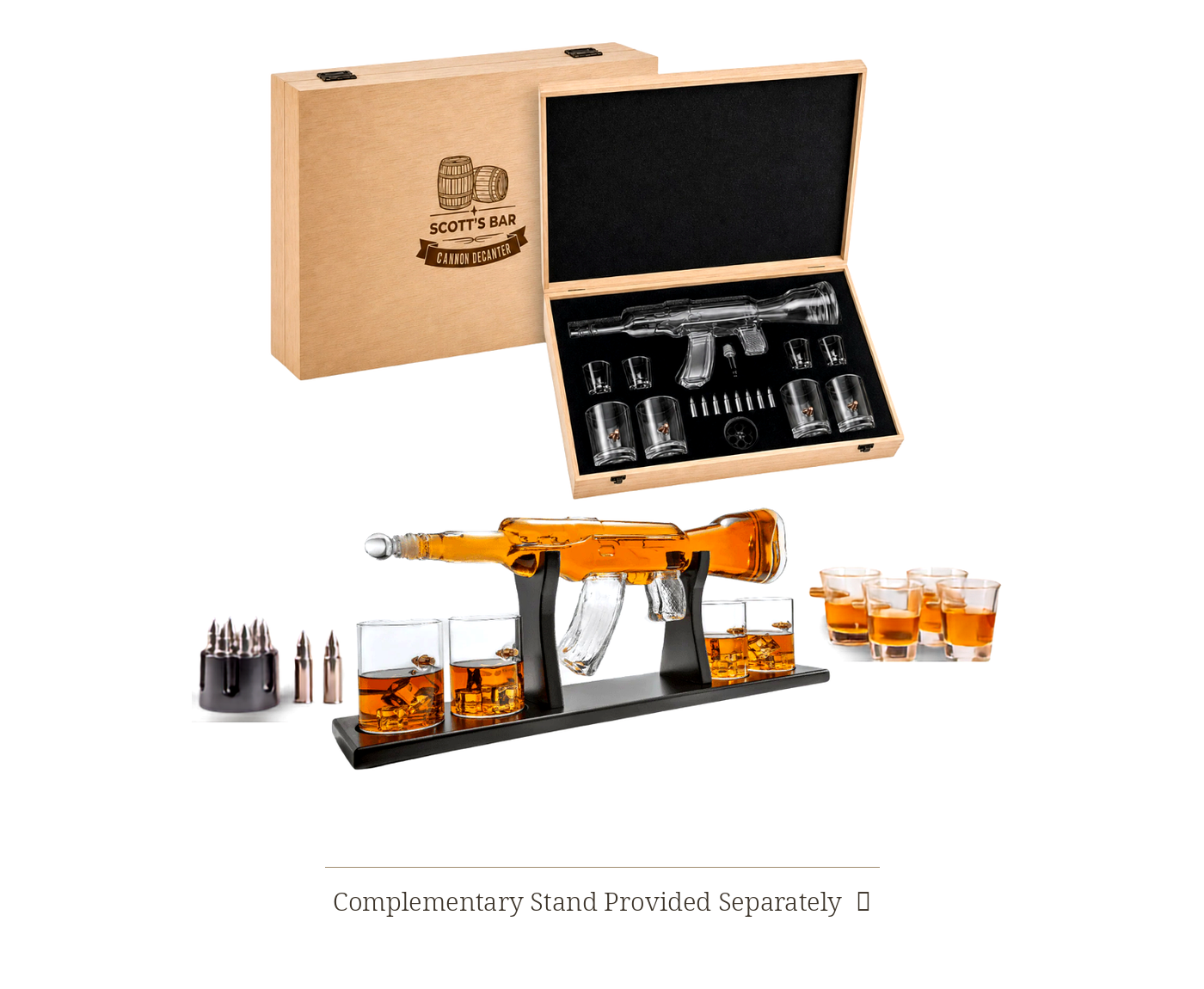 Limited Edition AK-47 Whiskey Decanter Ultimate Bundle | Gun Decanter, 4 Glasses, Bullet Chillers & Luxury Engraved Wooden Gift Box