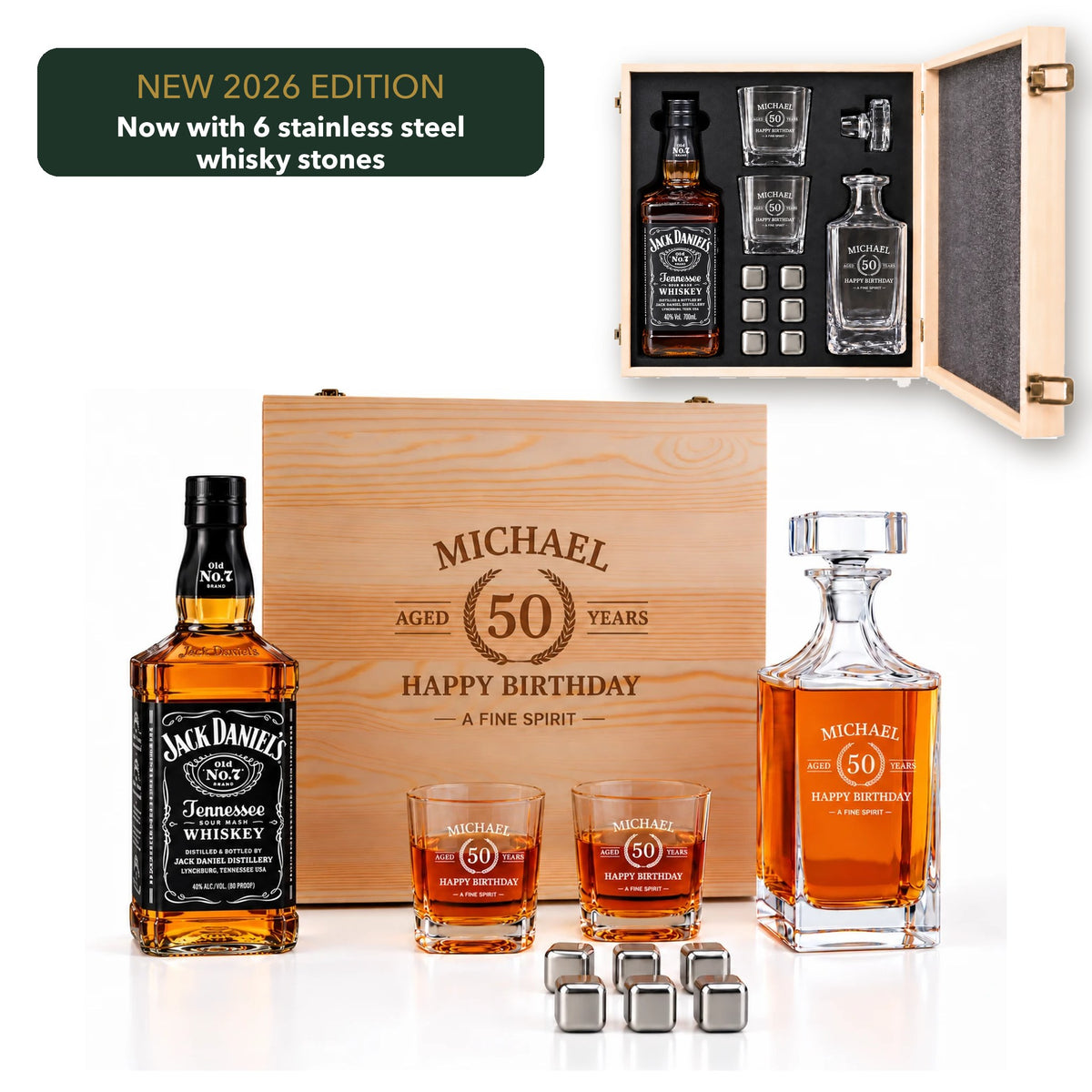 Jack Daniel's personalised whisky gift set with engraved wooden box, decanter, 2 glasses and 6 whisky stones
